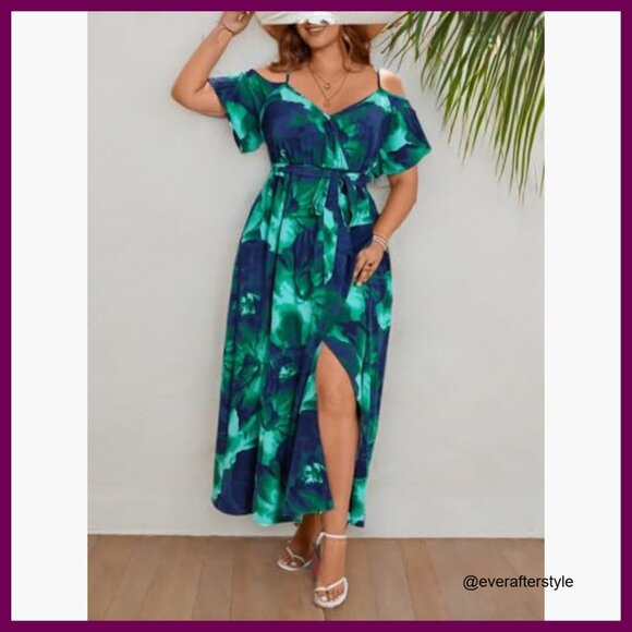 Cold Shoulder Maxi Dress with Split Thigh and Belted Waist - Picture 7 of 7